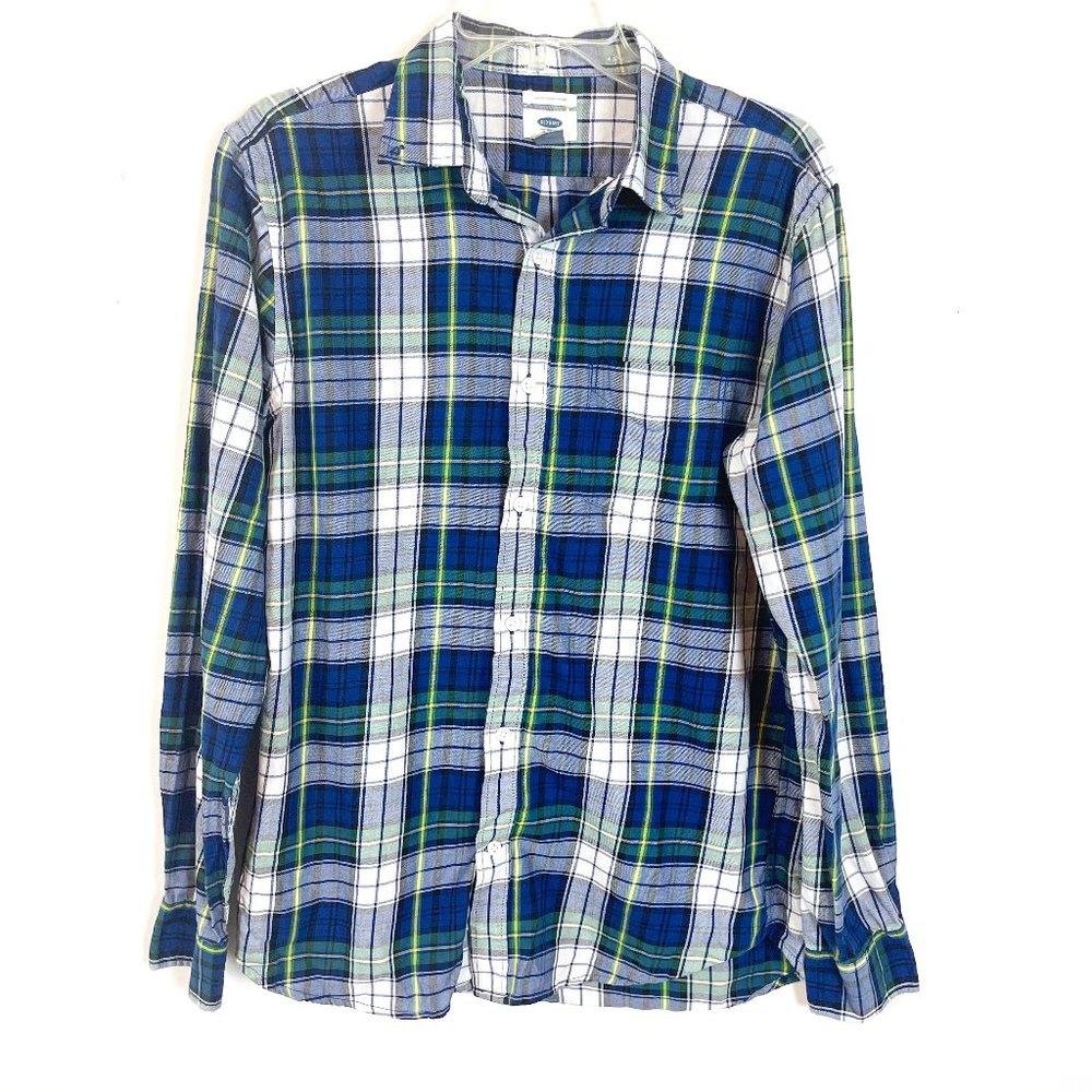 Old Navy Men's Blue Plaid Button Down Slim Fit Shirt Size Medium